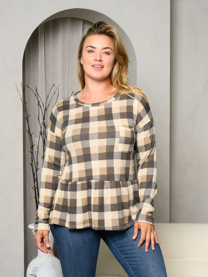 PLUS SIZE LONG SLEEVE FRONT POCKET PLAID PEPLUM TOP