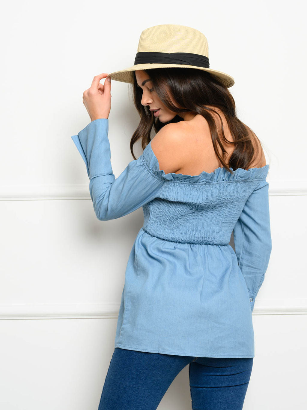 WOMEN'S OFF SHOULDER LONG SLEEVE DENIM SMOCK TOP