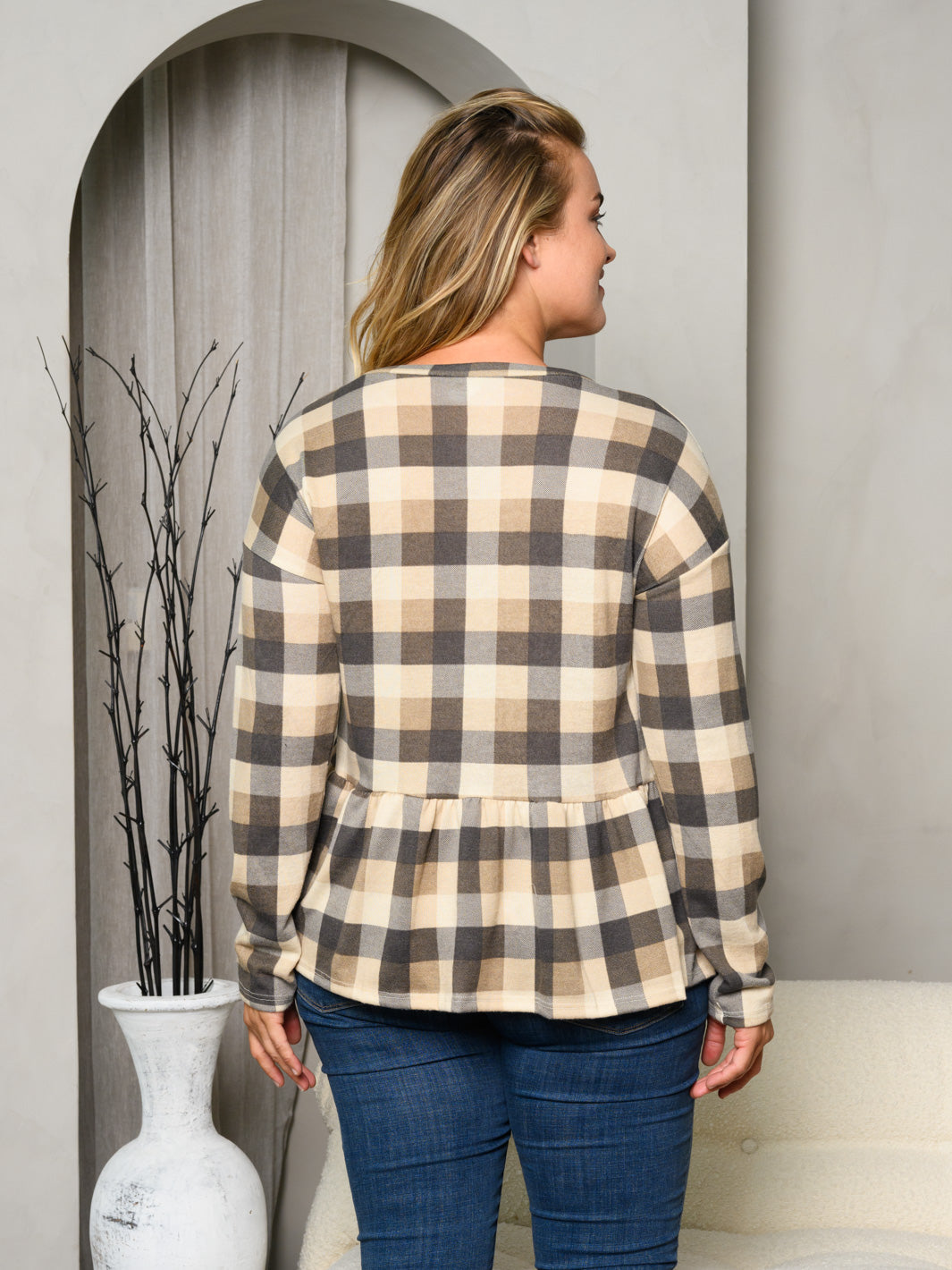 PLUS SIZE LONG SLEEVE FRONT POCKET PLAID PEPLUM TOP