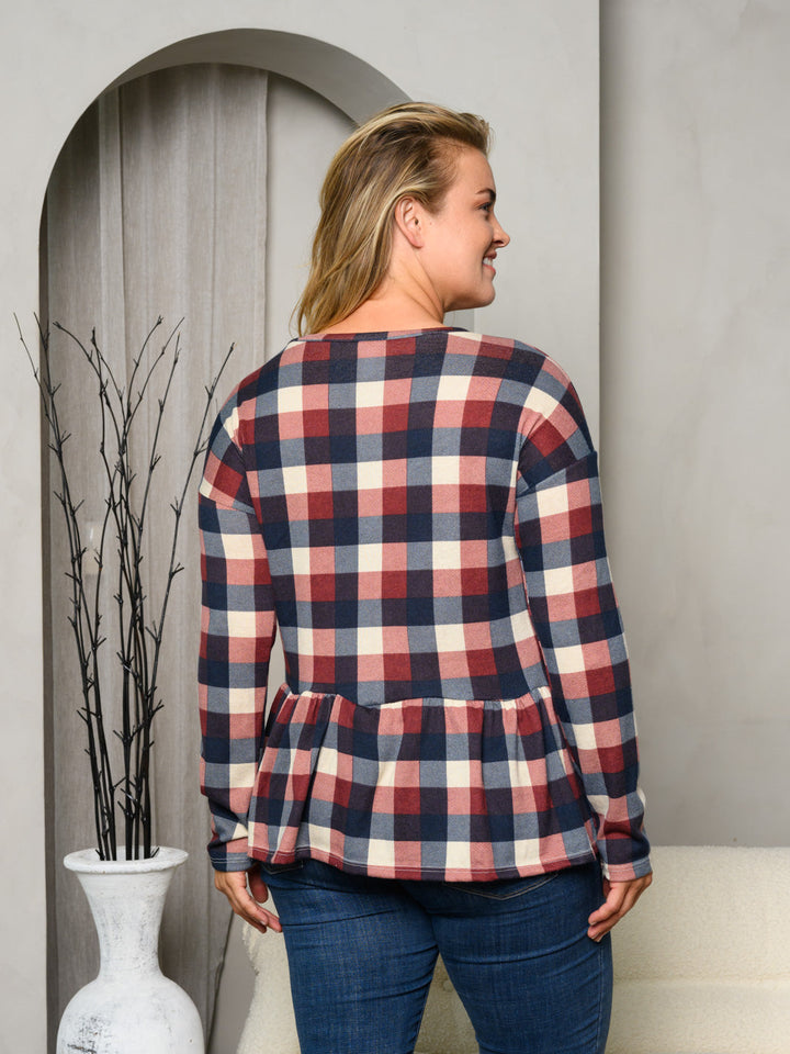 PLUS SIZE LONG SLEEVE FRONT POCKET PLAID PEPLUM TOP