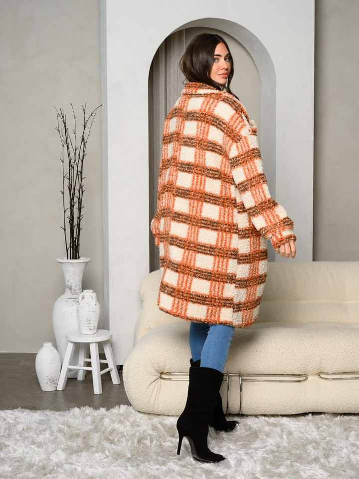WOMEN'S LONG SLEEVE SHERPA PLAID BUTTON CLOSURE JACKET COAT