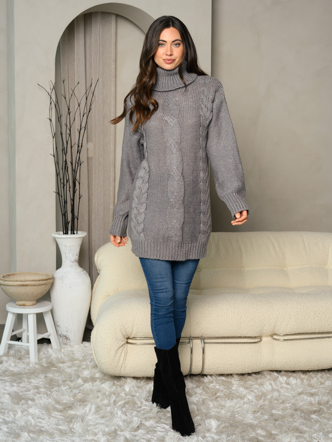 WOMEN'S LONG SLEEVE TURTLE NECK CABLE KNIT SWEATER