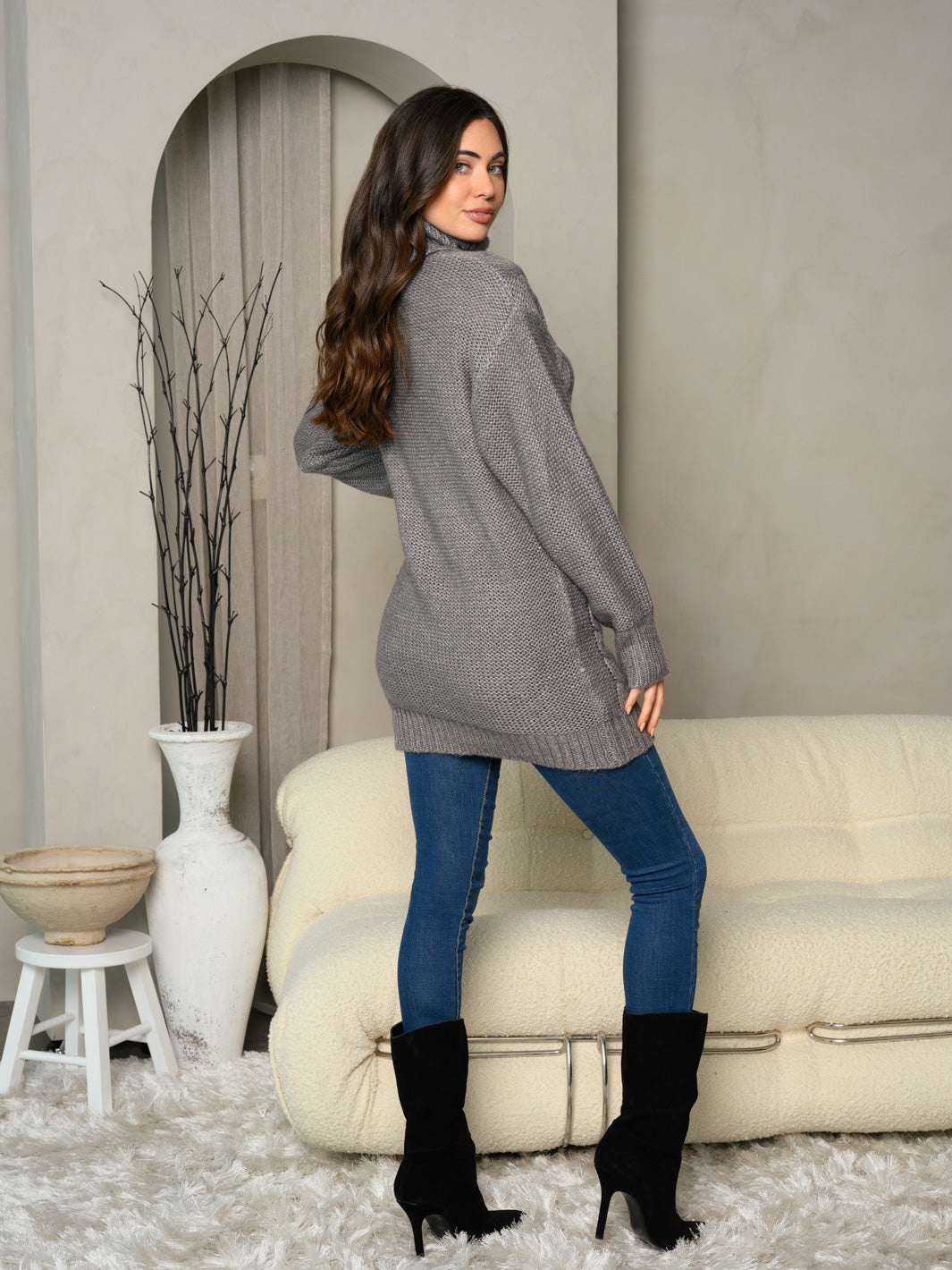 WOMEN'S LONG SLEEVE TURTLE NECK CABLE KNIT SWEATER