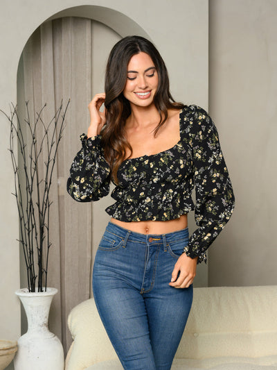 WOMEN'S LONG SLEEVE FLORAL SQUARE NECK CROP TOP