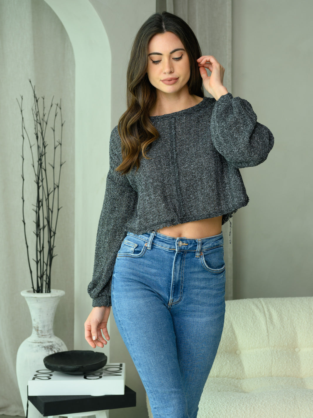 WOMEN'S LONG PUFF SLEEVE CROP TOP