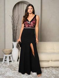 WOMEN'S SLEEVELESS V-NECK FLORAL FRONT SLIT MAXI DRESS