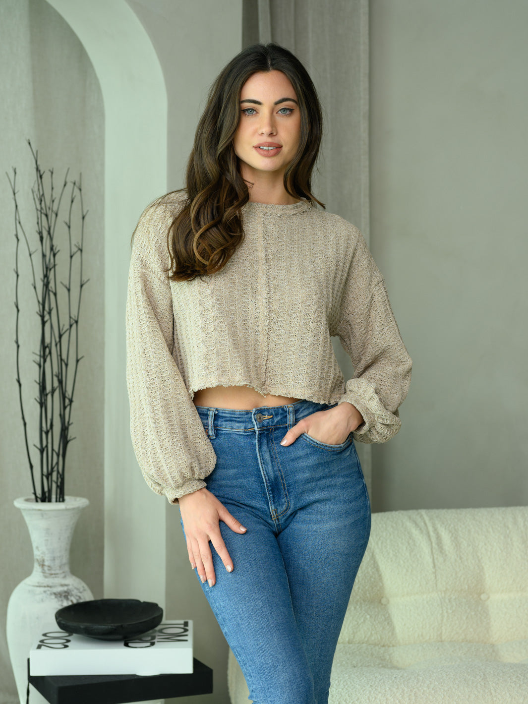 WOMEN'S LONG PUFF SLEEVE CROP TOP