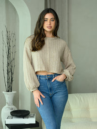 WOMEN'S LONG PUFF SLEEVE CROP TOP