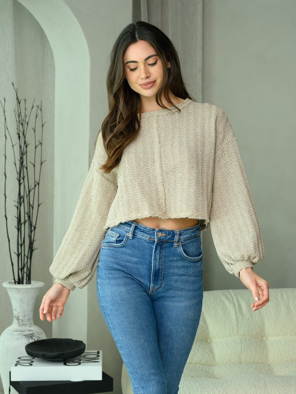 WOMEN'S LONG PUFF SLEEVE CROP TOP