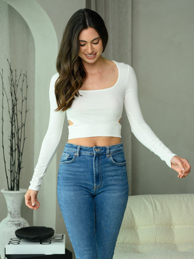 WOMEN'S LONG SLEEVE SIDE CUT OUT RIBBED CROP TOP