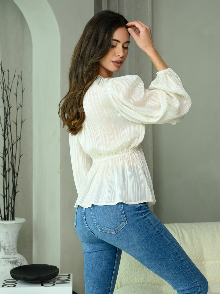 WOMEN'S LONG PUFF SLEEVE V-NECK SHIMMER DETAILED TOP