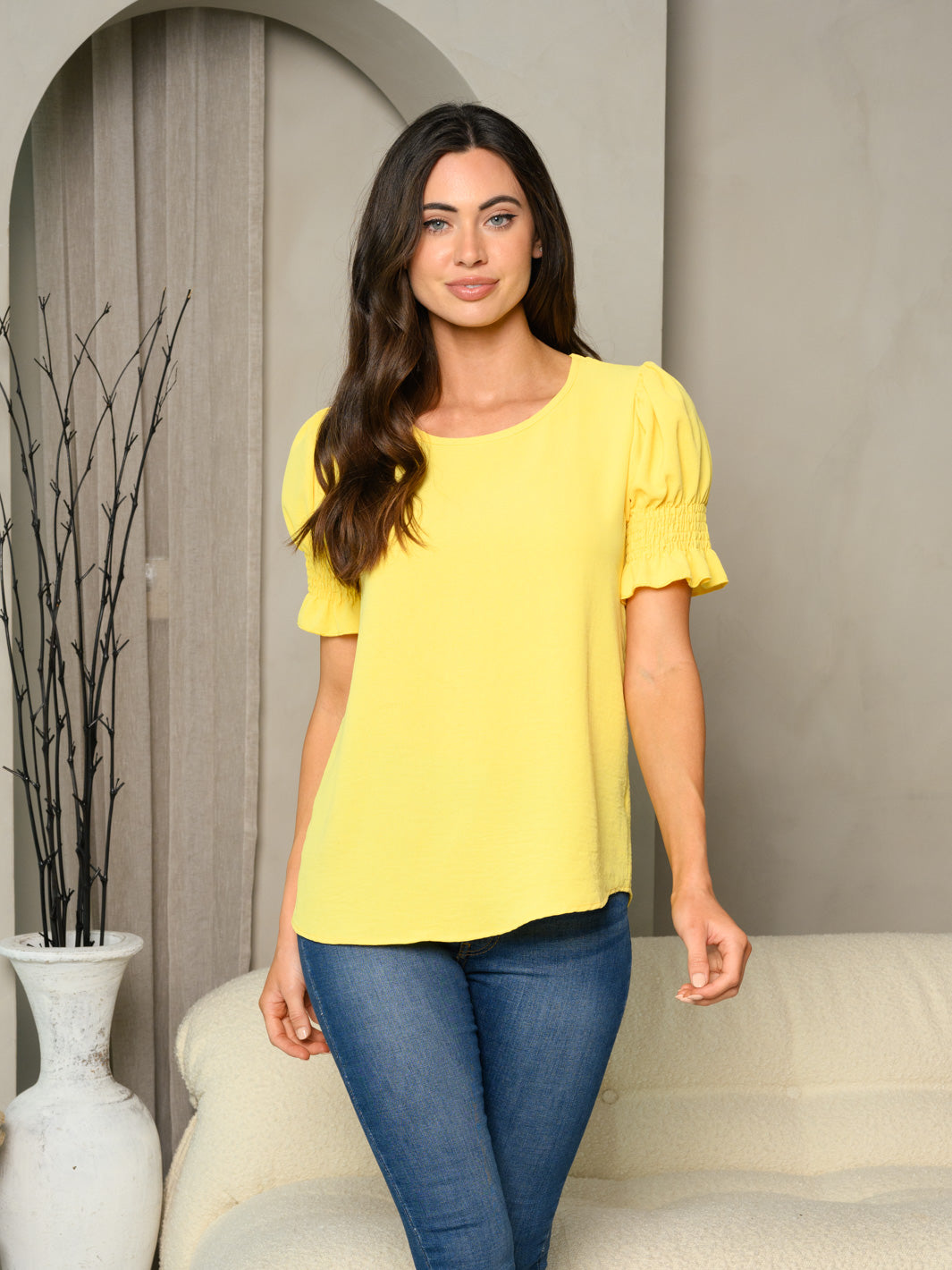 WOMEN'S SHORT SMOCK SLEEVE SOLID TUNIC TOP