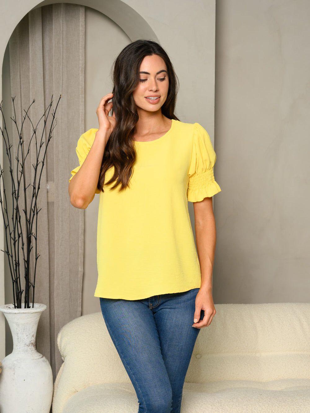 WOMEN'S SHORT SMOCK SLEEVE SOLID TUNIC TOP