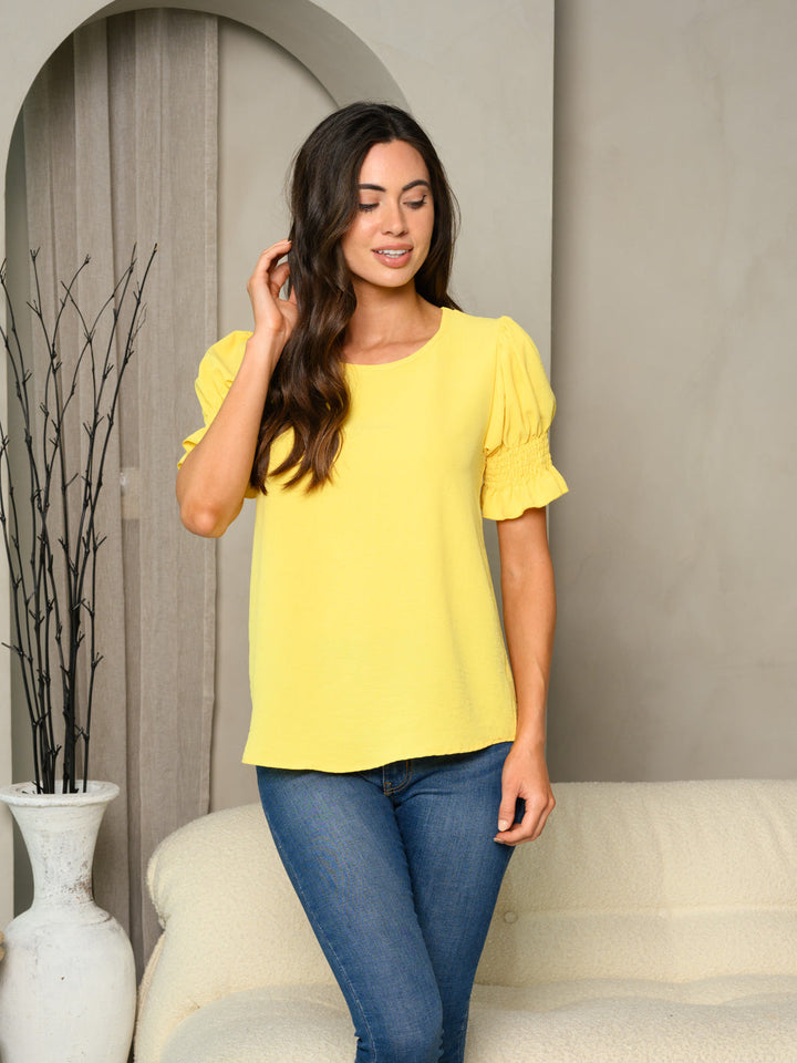 WOMEN'S SHORT SMOCK SLEEVE SOLID TUNIC TOP