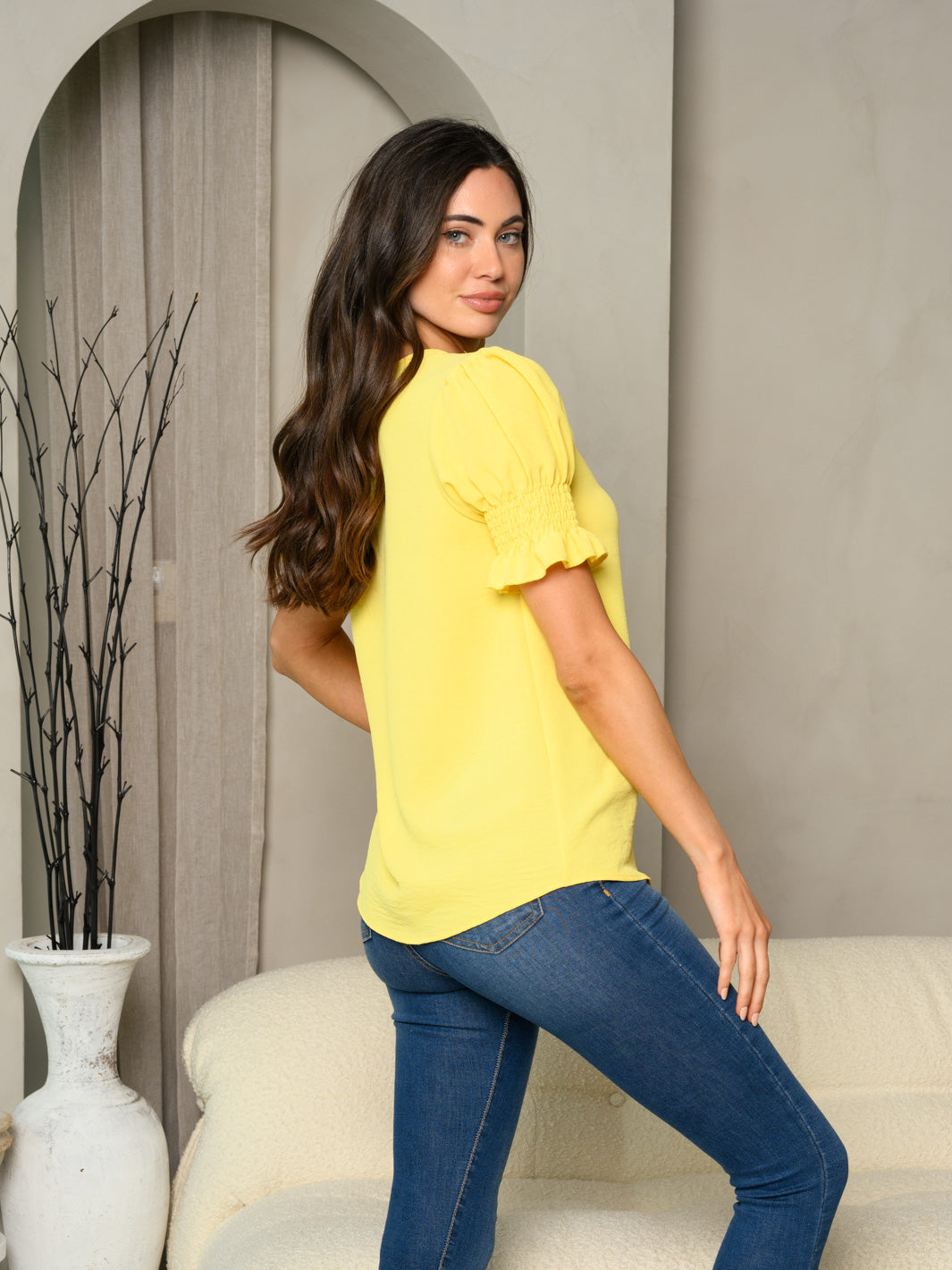 WOMEN'S SHORT SMOCK SLEEVE SOLID TUNIC TOP