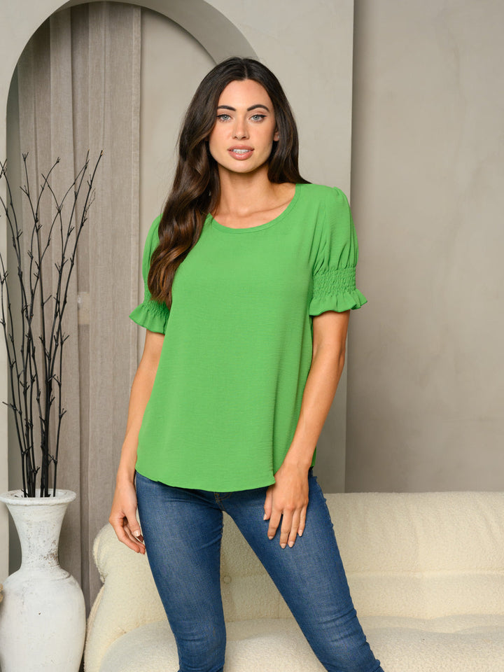 WOMEN'S SHORT SMOCK SLEEVE SOLID TUNIC TOP