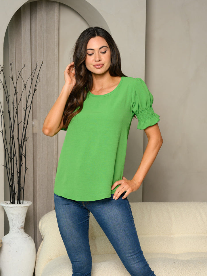WOMEN'S SHORT SMOCK SLEEVE SOLID TUNIC TOP