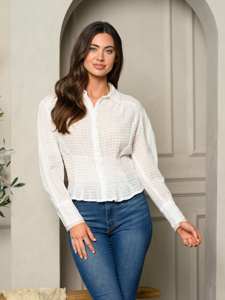 WOMENS LONG SLEEVE SMOCK WAIST BUTTON UP COLLAR TOP