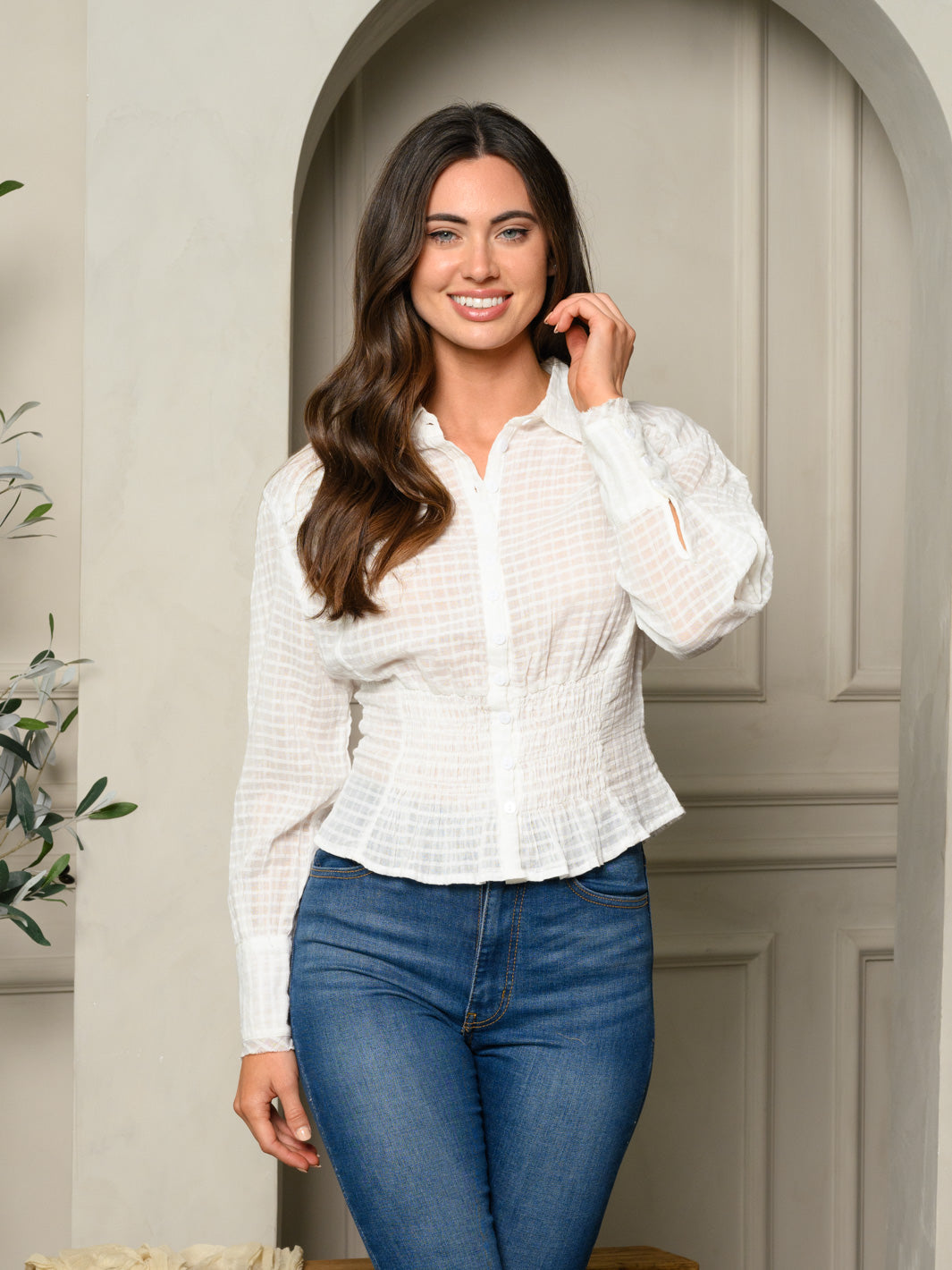 WOMENS LONG SLEEVE SMOCK WAIST BUTTON UP COLLAR TOP