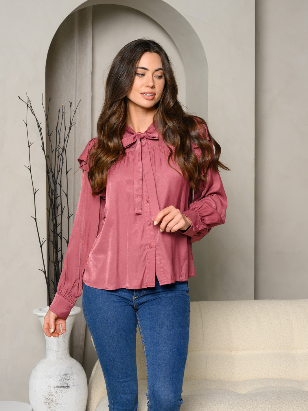 WOMEN'S LONG SLEEVE BUTTON UP COLLAR TIE BLOUSE TOP