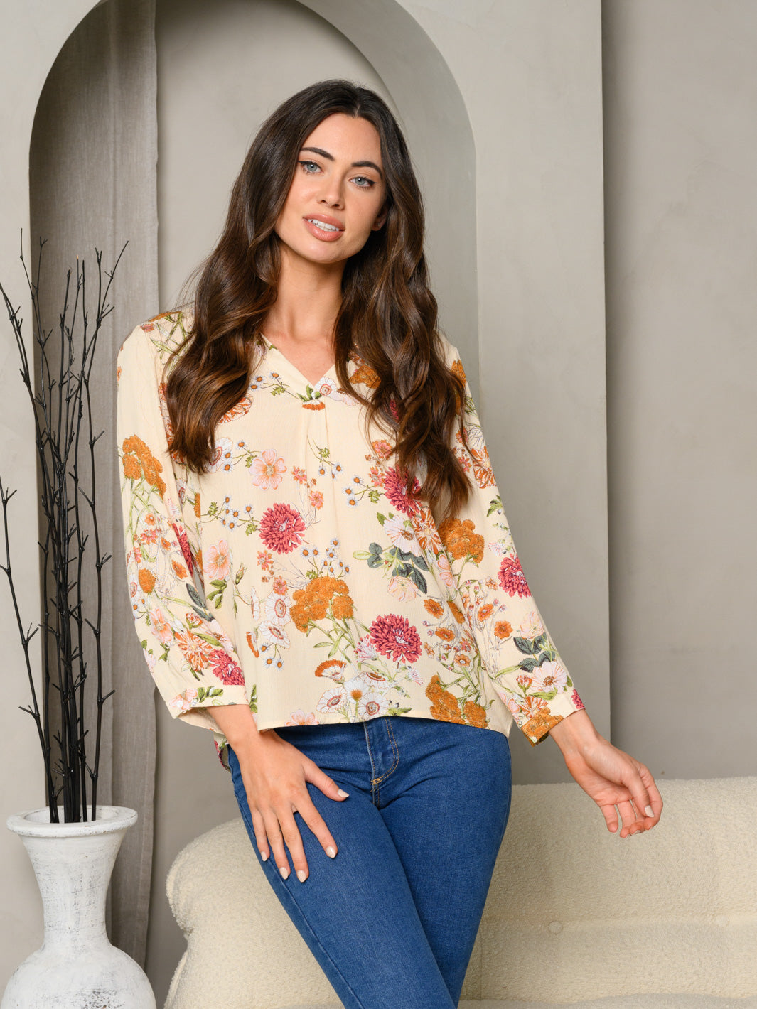 WOMEN'S 3/4 SLEEVE V-NECK FLORAL BLOUSE TUNIC TOP