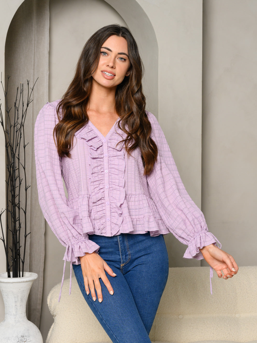 WOMEN'S LONG SLEEVE V-NECK RUFFLE BLOUSE TOP