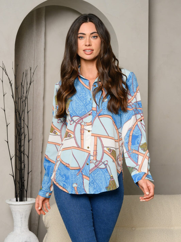WOMEN'S MULTI PRINT LONG SLEEVE BUTTON UP TOP