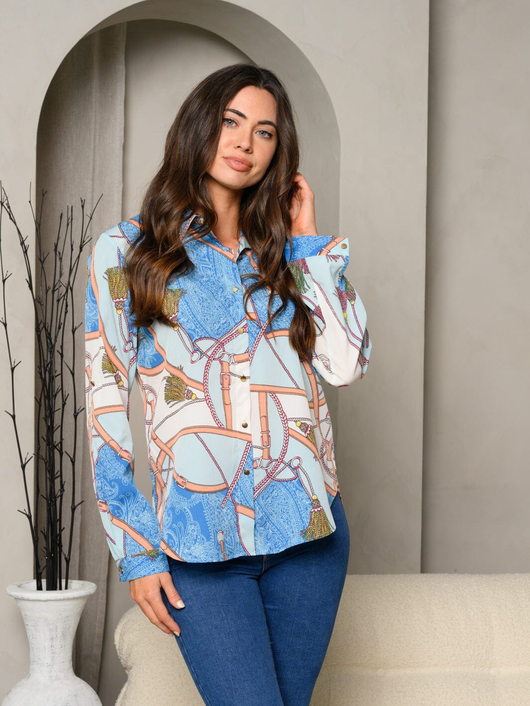 WOMEN'S MULTI PRINT LONG SLEEVE BUTTON UP TOP