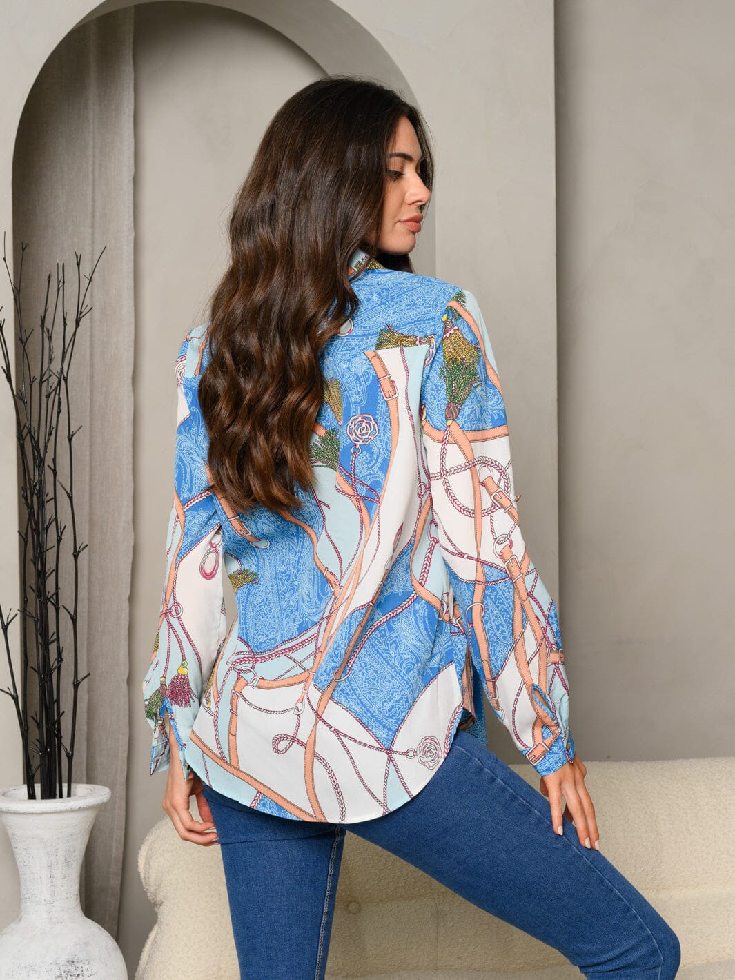 WOMEN'S MULTI PRINT LONG SLEEVE BUTTON UP TOP