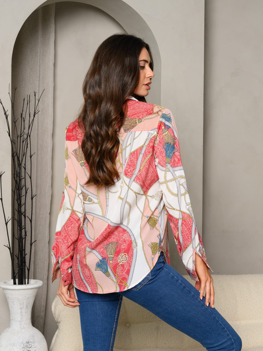 WOMEN'S MULTI PRINT LONG SLEEVE BUTTON UP TOP