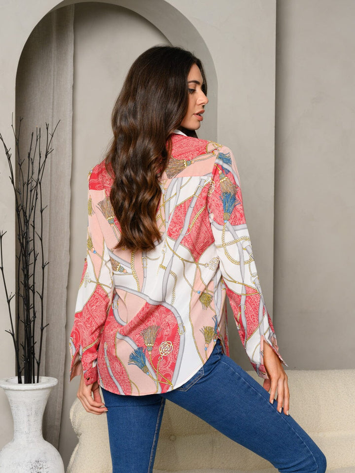 WOMEN'S MULTI PRINT LONG SLEEVE BUTTON UP TOP