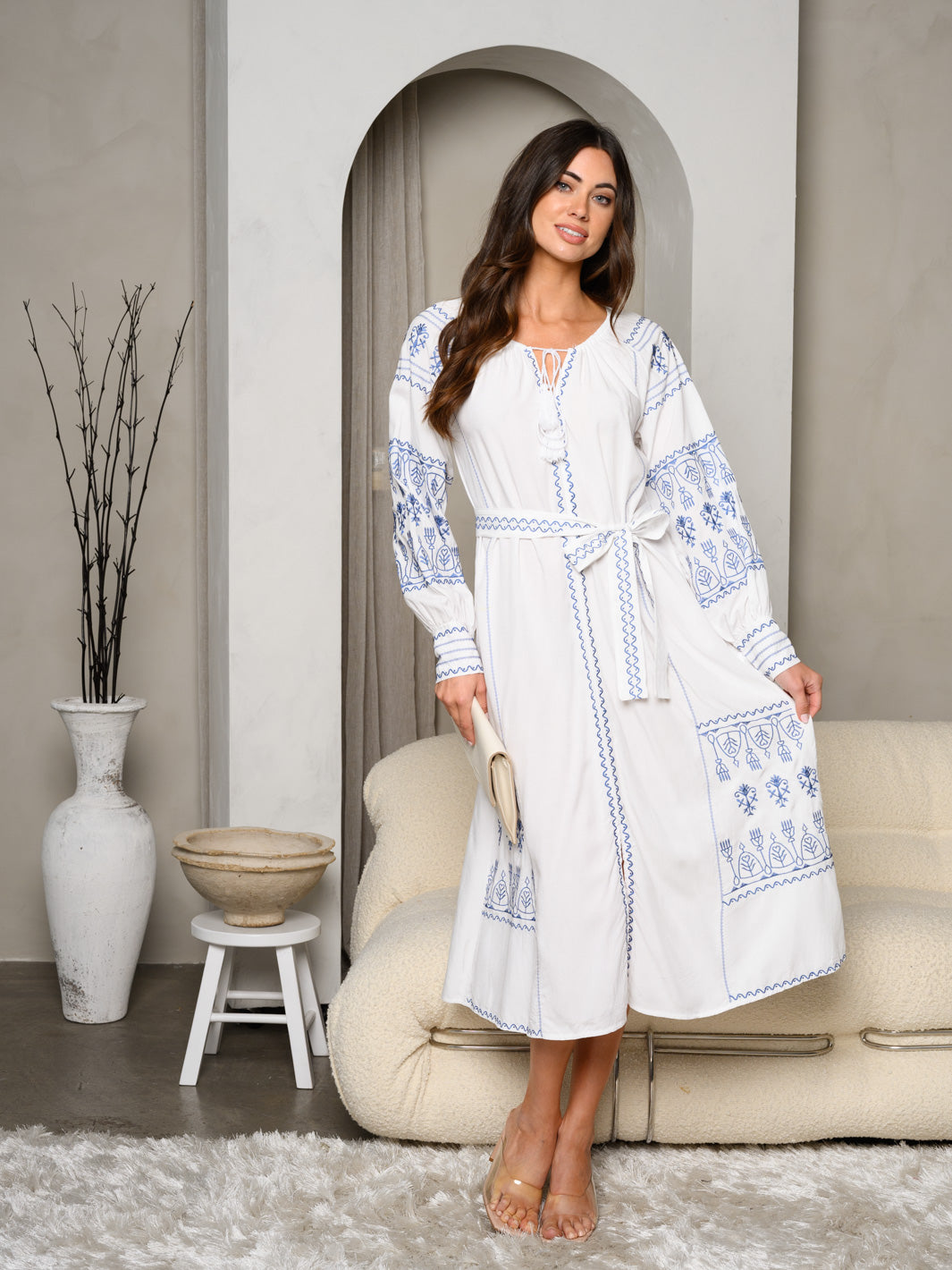 Estelle Long Sleeve V-Neckline Dress Embroidered White