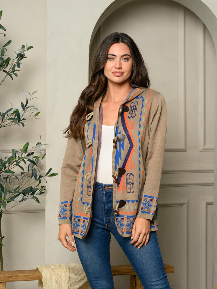 WOMEN'S LONG SLEEVE MULTI PRINT HOODED SWEATER