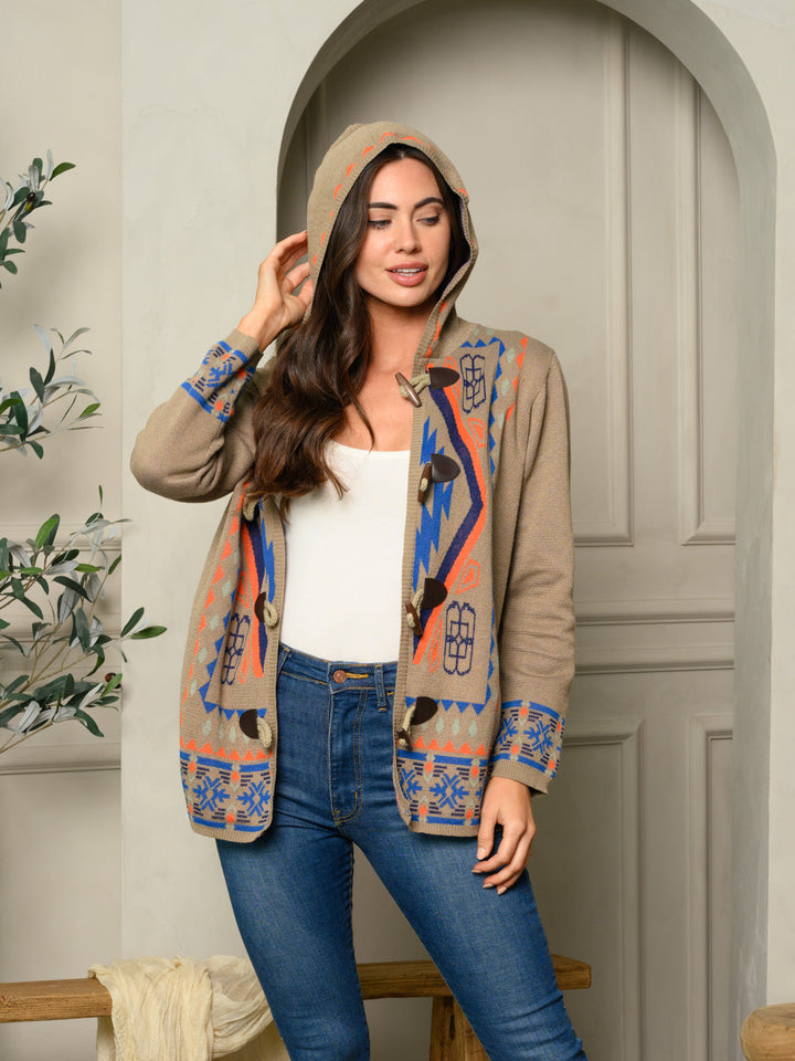 WOMEN'S LONG SLEEVE MULTI PRINT HOODED SWEATER