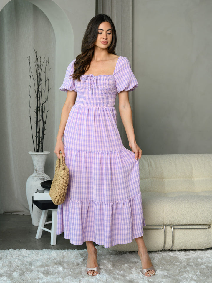 WOMEN'S SHORT SLEEVE SMOCK PLAID MAXI DRESS