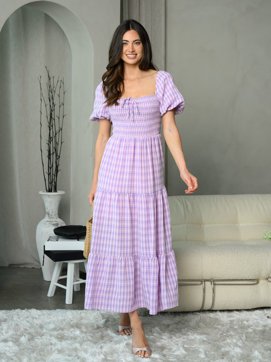 WOMEN'S SHORT SLEEVE SMOCK PLAID MAXI DRESS