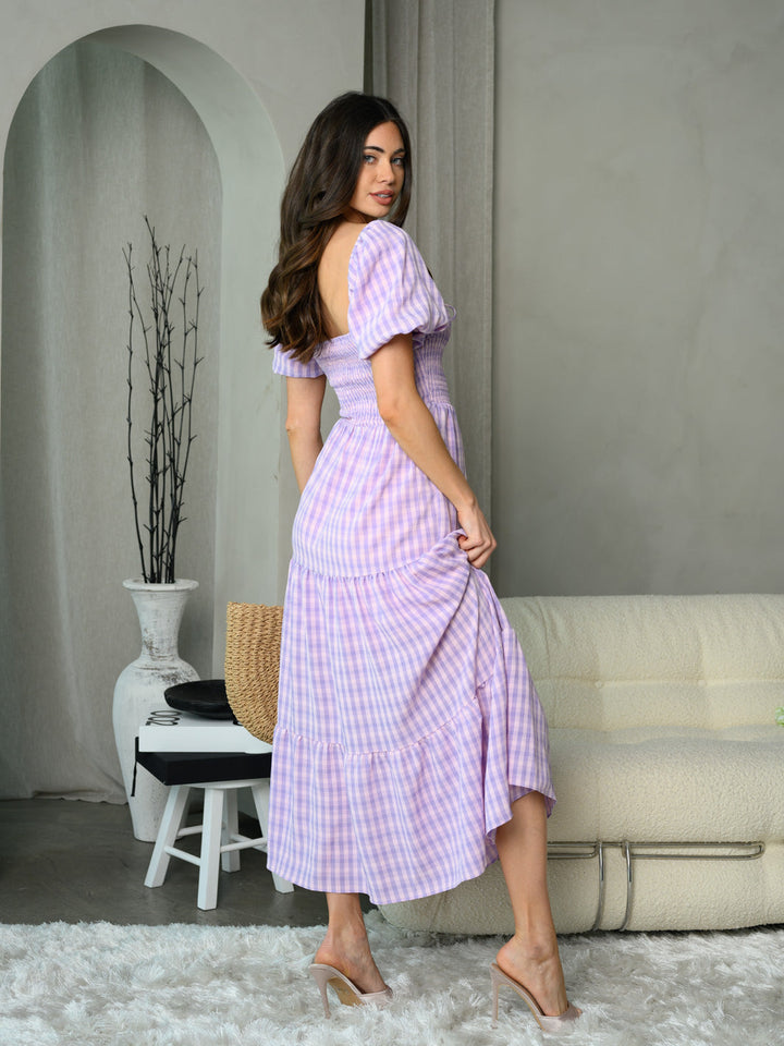 WOMEN'S SHORT SLEEVE SMOCK PLAID MAXI DRESS
