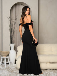 WOMEN'S OFF SHOULDER V-NECK BODYCON FLORAL SEQUINS DETAILED MAXI DRESS