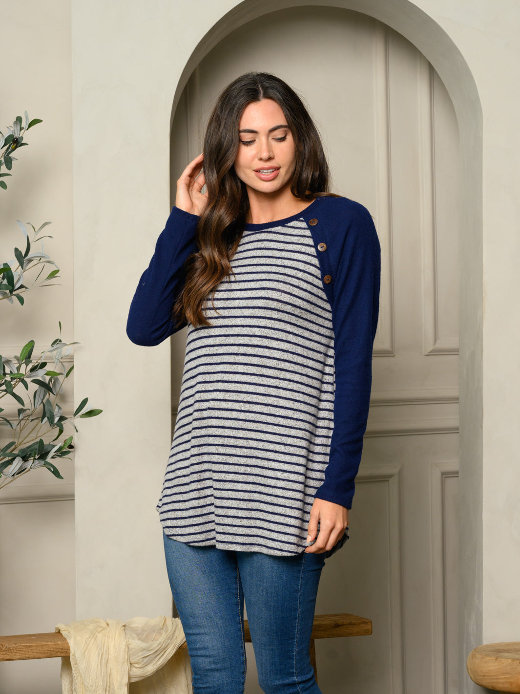 WOMEN'S LONG SLEEVE STRIPES COLORBLOCK TUNIC TOP