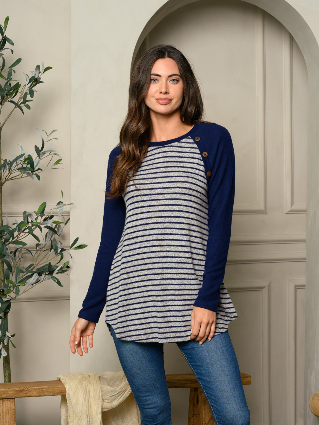 WOMEN'S LONG SLEEVE STRIPES COLORBLOCK TUNIC TOP