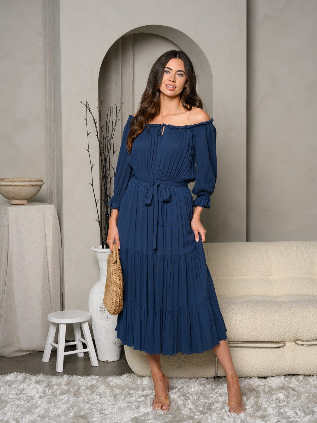 WOMEN'S LONG SLEEVE OFF SHOULDER SELF TIE TIERED MAXI DRESS