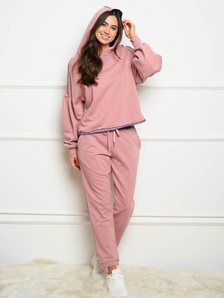 WOMEN'S RAW EDGE EMBROIDERED HOODED 2PC. JOGGER SET