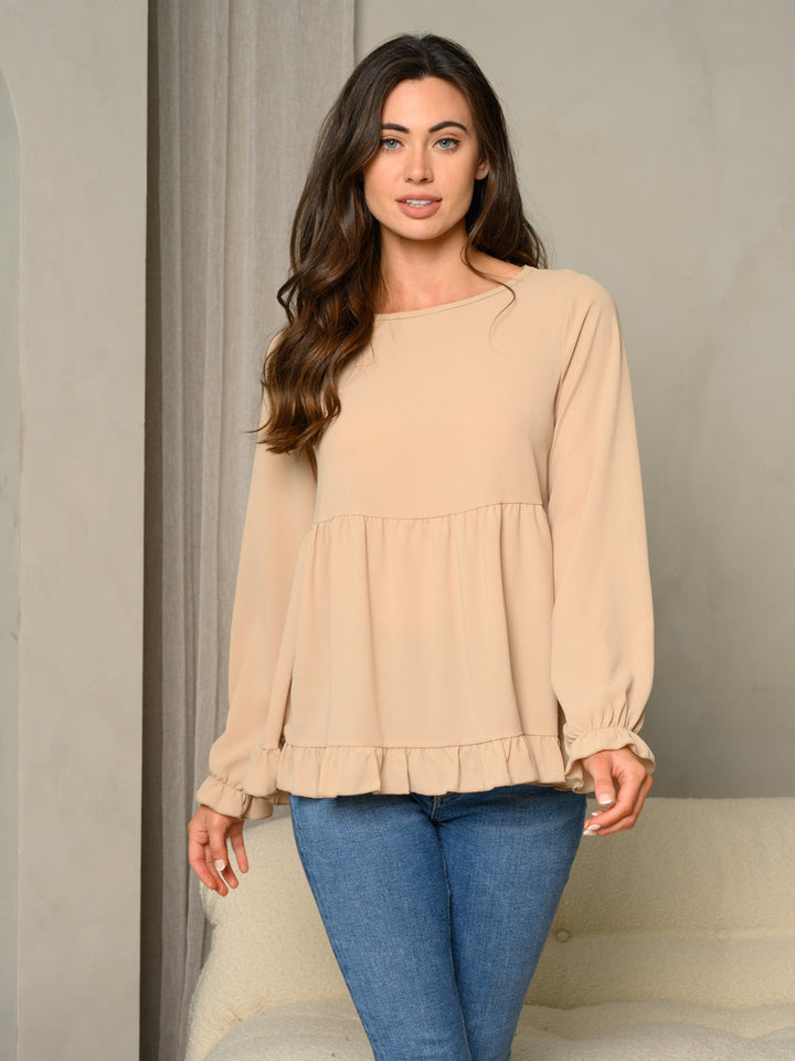 WOMEN'S RUFFLE DETAIL BUBBLE SLEEVE BABYDOLL SOLID TOP