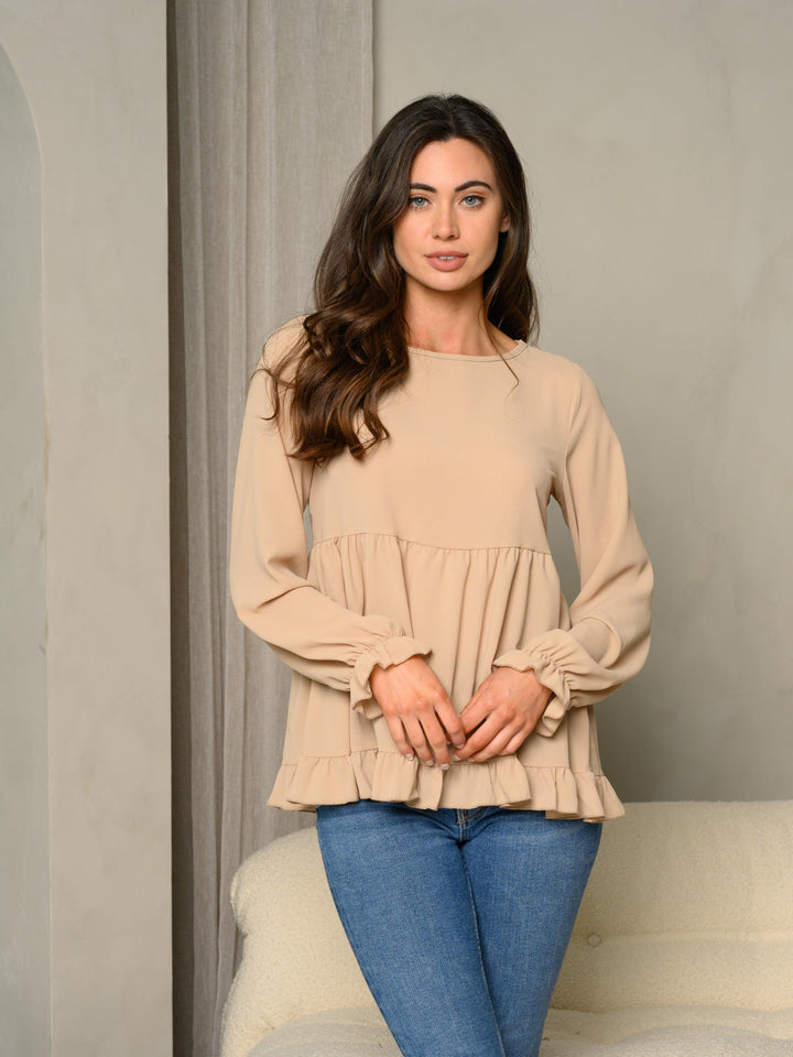 WOMEN'S RUFFLE DETAIL BUBBLE SLEEVE BABYDOLL SOLID TOP