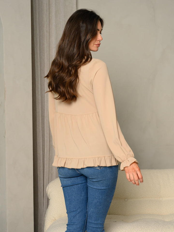 WOMEN'S RUFFLE DETAIL BUBBLE SLEEVE BABYDOLL SOLID TOP