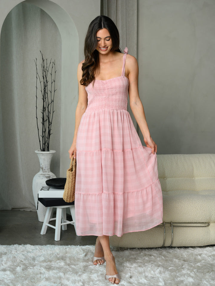 WOMEN'S SLEEVELESS SMOCK PLAID MAXI DRESS