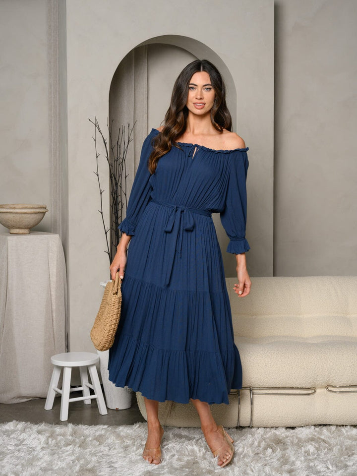 WOMEN'S LONG SLEEVE OFF SHOULDER SELF TIE TIERED MAXI DRESS
