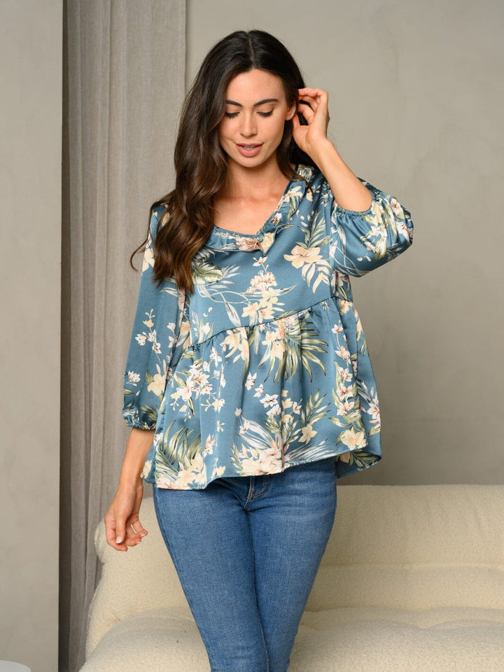WOMEN'S FRILL V-NECK FLORAL PRINT BUBBLE 3/4 SLEEVE BABYDOLL TOP