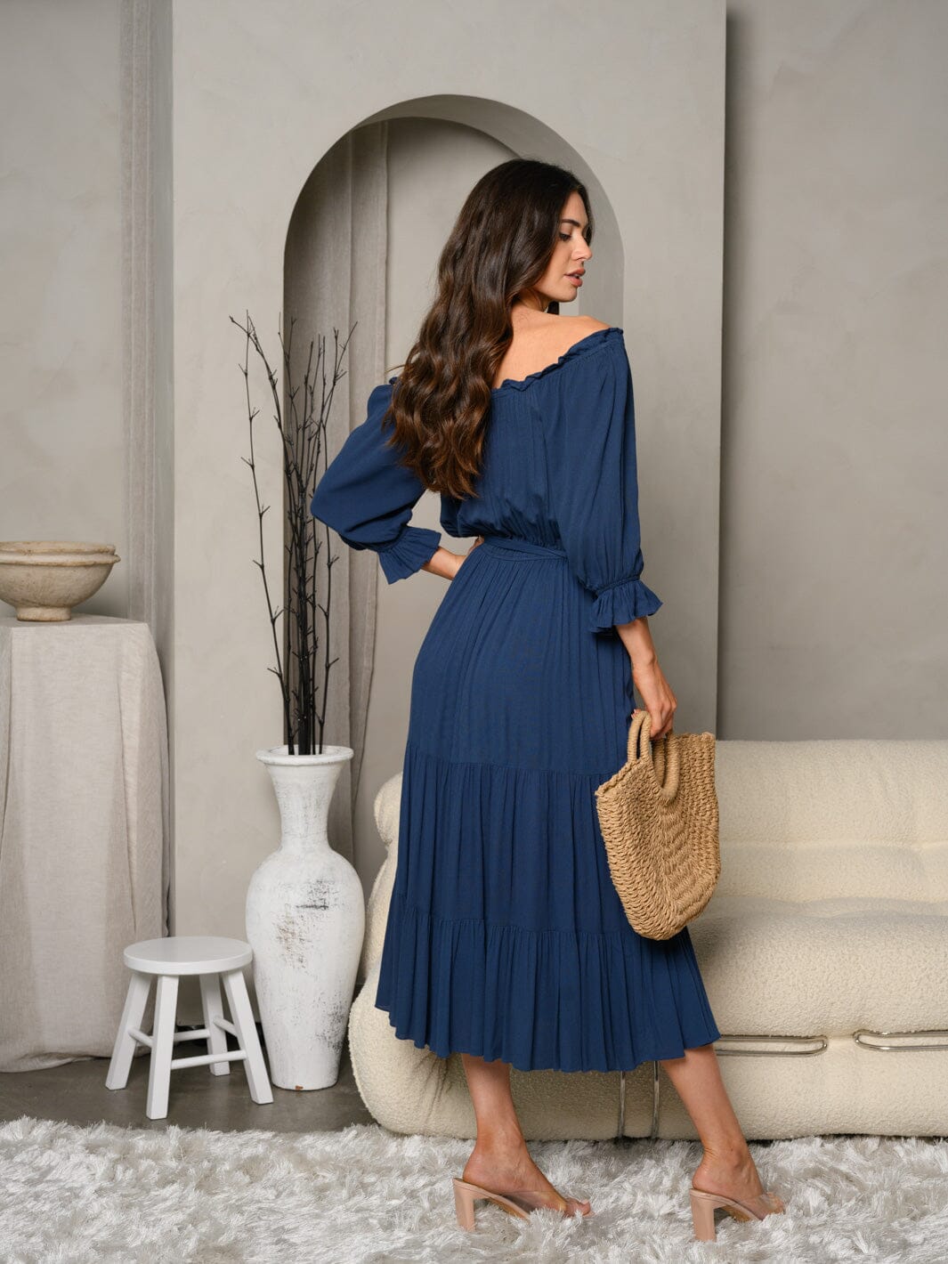 WOMEN'S LONG SLEEVE OFF SHOULDER SELF TIE TIERED MAXI DRESS