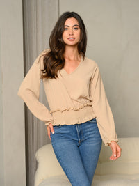 WOMEN'S V-NECK BUBBLE LONG SLEEVE SMOCKING WAIST SOLID WOVEN TOP